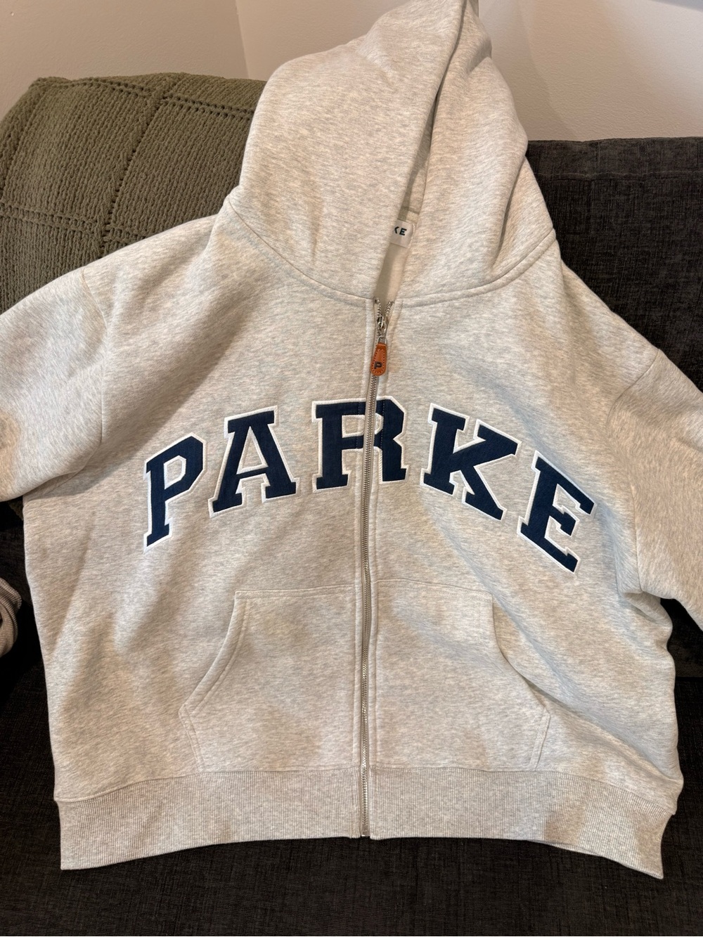Parke Light Gray Full-Zip Hoodie with Navy Lettering - Picture 1 of 4